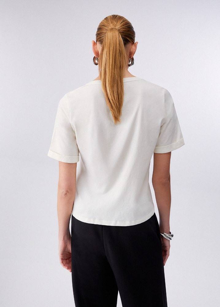 LIU JO V-NECK T-SHIRT WITH APPLIQUE RHINESTONES