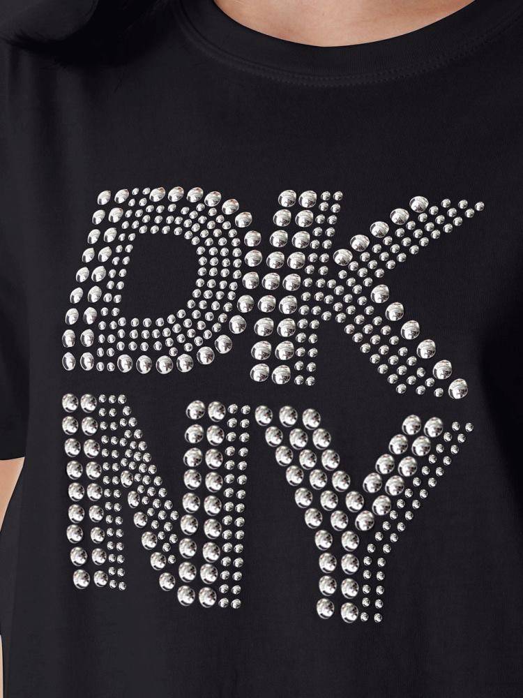 DKNY RHINESTONE LOGO RELAXEDCREW NECK TEE