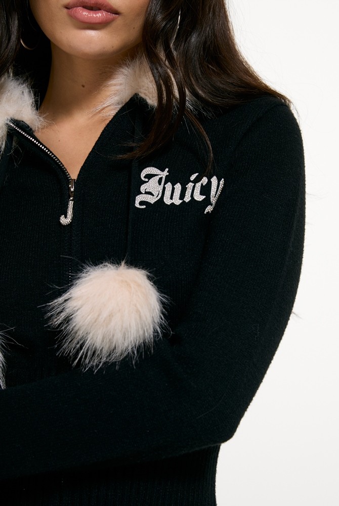 JUICY COUTURE KNIT JUICY DIAMANTE HOODIE WITH FUR TRIM