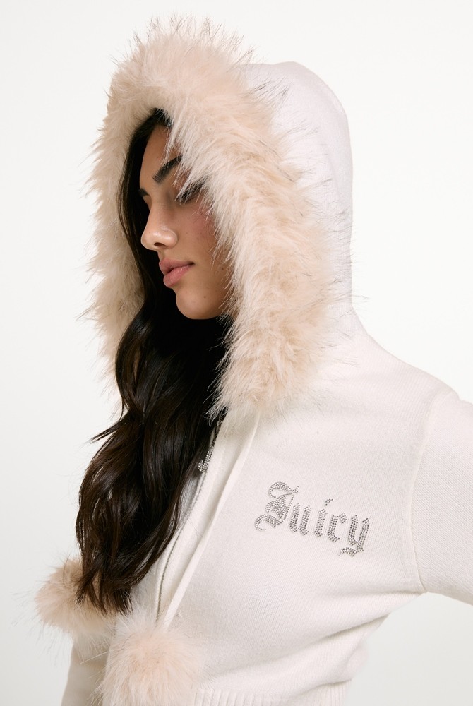 JUICY COUTURE KNIT JUICY DIAMANTE HOODIE WITH FUR TRIM
