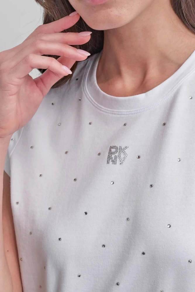 DKNY RHINESTONES CREW NECK FITTED LOGO TEE