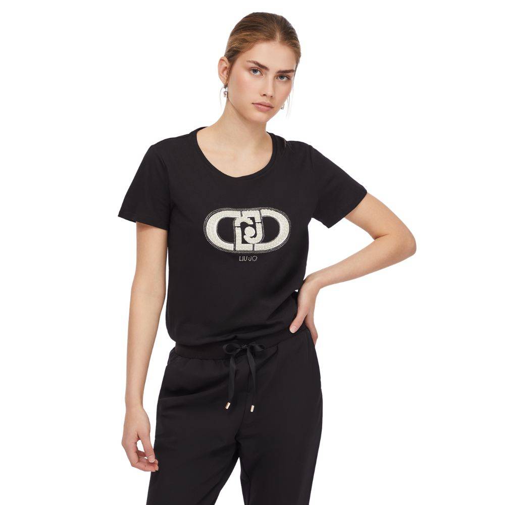 LIU JO COTTON JERSEY T-SHIRT WITH LOGO AND RHINESTONES