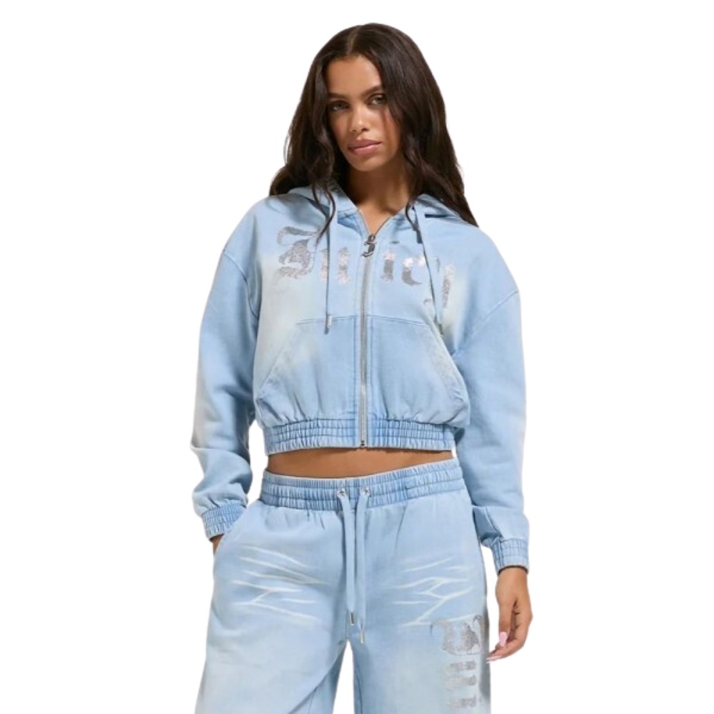 JUICY COUTURE LIGHT WASH DENIM FLEECE SMOCKED HOODIE