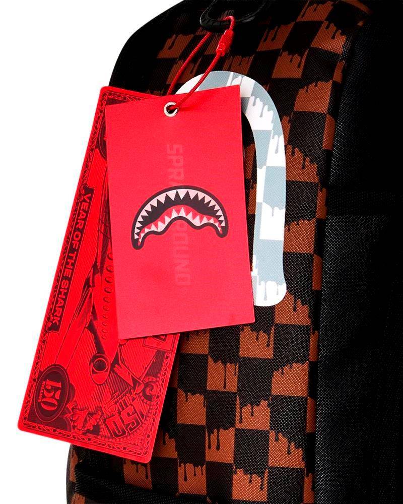 SPRAYGROUND BROWN AND CREAM DRIP CHECK SHARK DLXSV BACKPACK