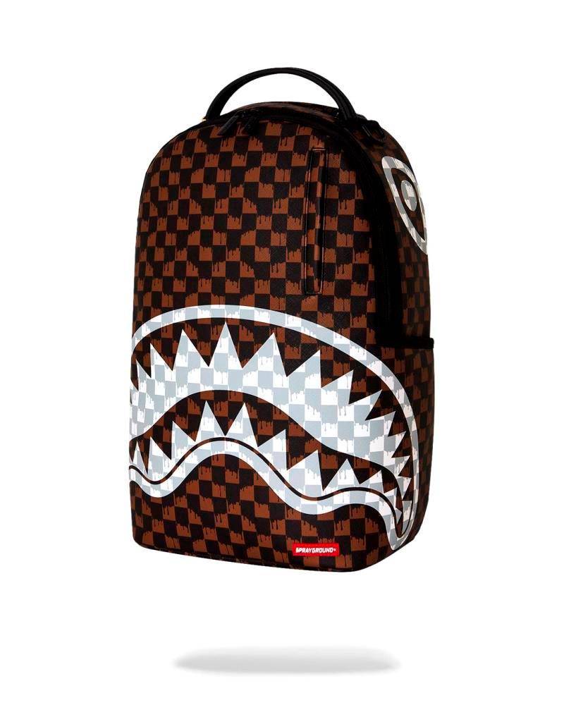 SPRAYGROUND BROWN AND CREAM DRIP CHECK SHARK DLXSV BACKPACK