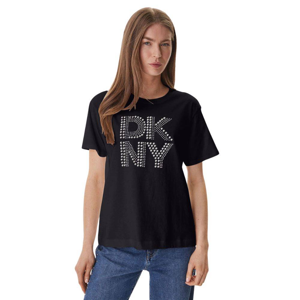 DKNY RHINESTONE LOGO RELAXEDCREW NECK TEE
