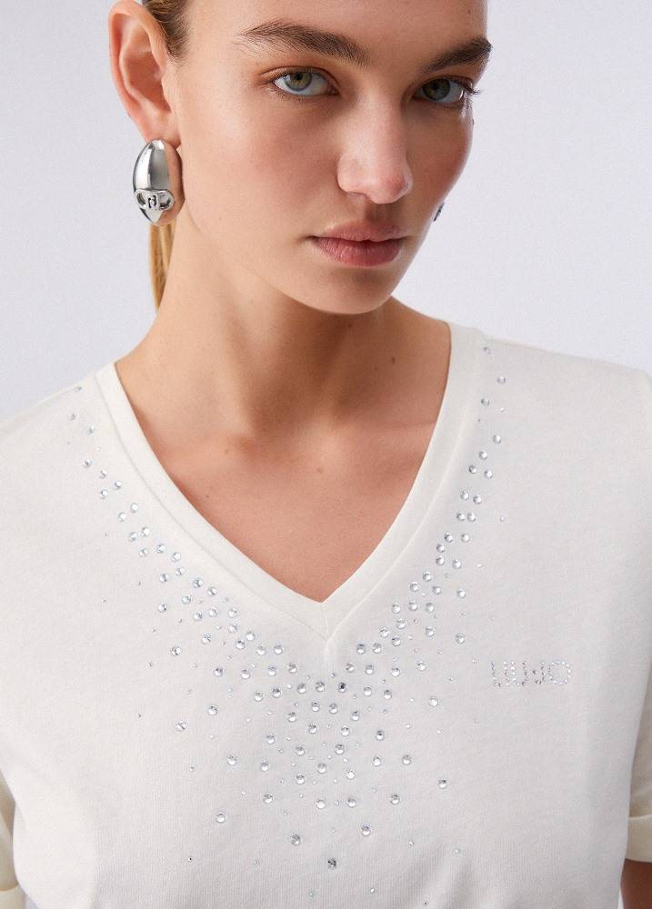 LIU JO V-NECK T-SHIRT WITH APPLIQUE RHINESTONES
