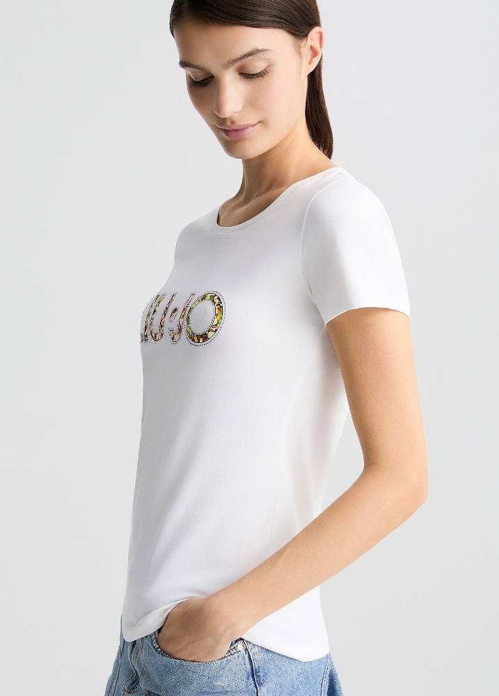 LIU JO FLORAL LOGO AND GEMSTONES T-SHIRT