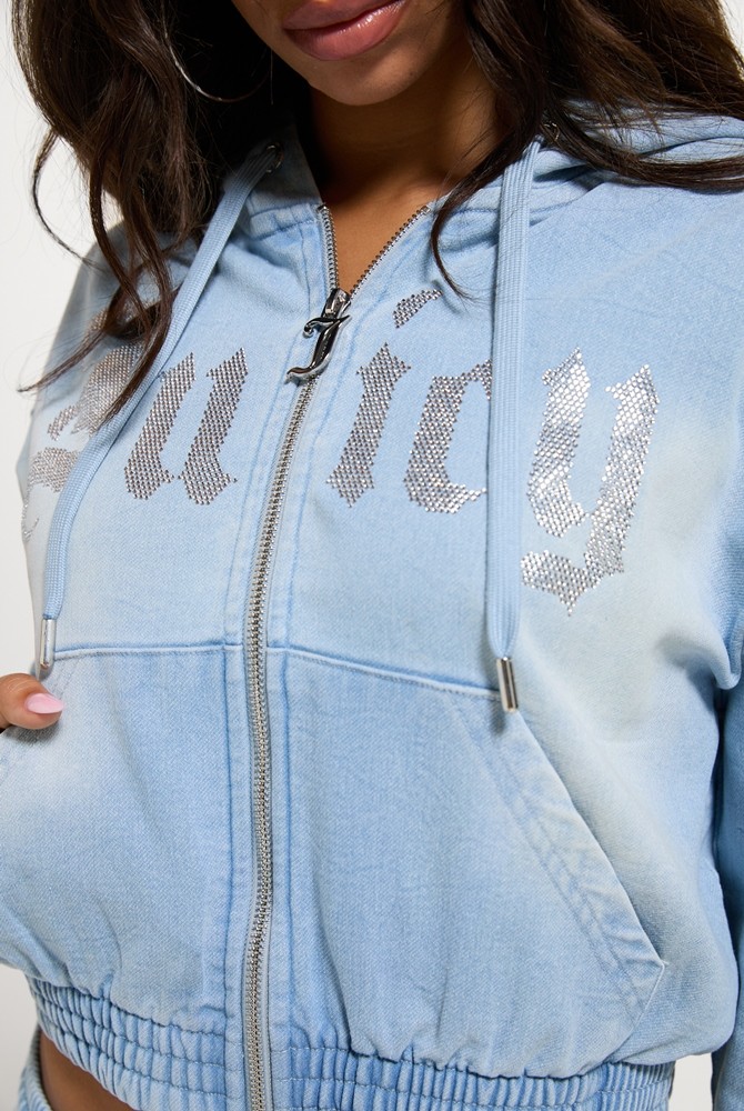 JUICY COUTURE LIGHT WASH DENIM FLEECE SMOCKED HOODIE
