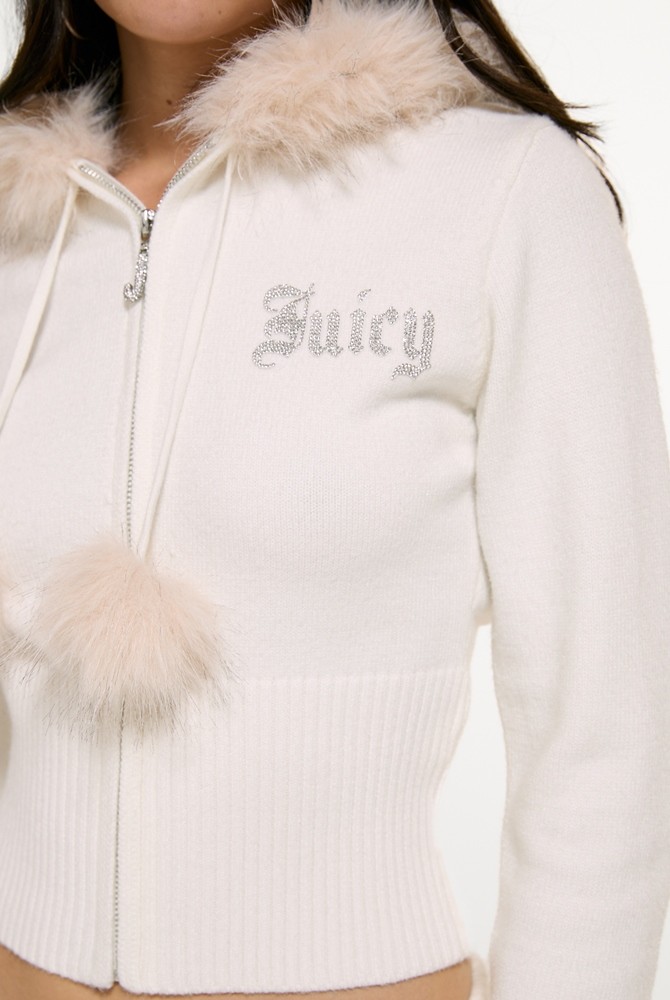 JUICY COUTURE KNIT JUICY DIAMANTE HOODIE WITH FUR TRIM