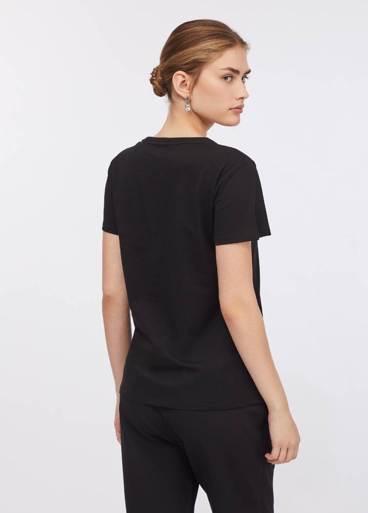 LIU JO COTTON JERSEY T-SHIRT WITH LOGO AND RHINESTONES